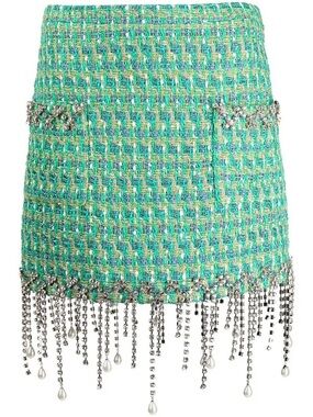 AREA Aqua Tweed Mini Skirt with Crystal Fringe